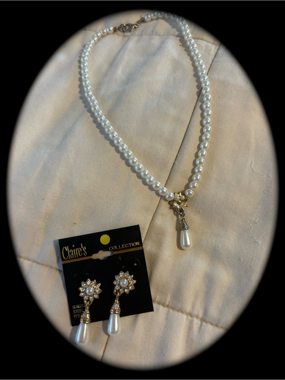 Claire's Pearl Bead Necklace and Matching Gold-Accent Drop Earrings